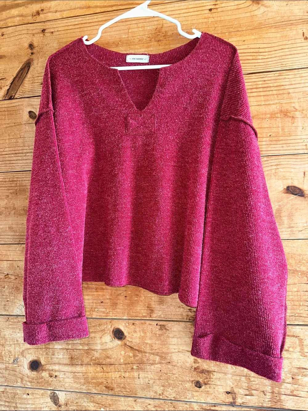 eesome Boxy Oversized Marled V-Neck Sweater in Deep Berry